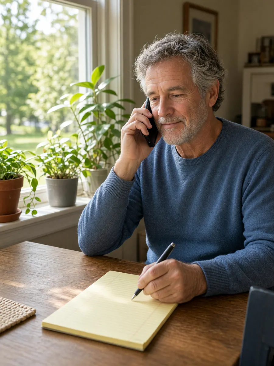 A homeowner takes notes on a legal pad during a phone consultation.