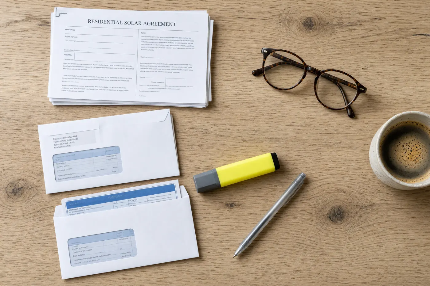A solar agreement, utility bills, a highlighter and reading glasses on a kitchen table.