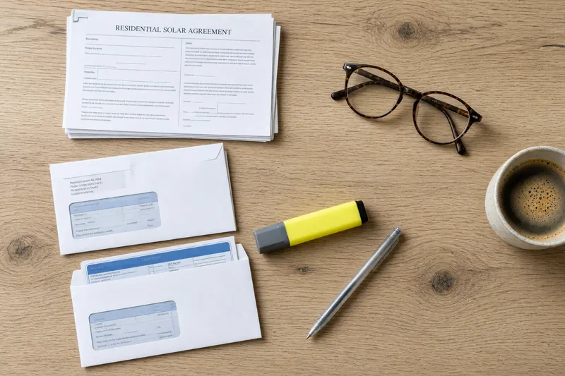 A solar agreement, utility bills, a highlighter and reading glasses on a kitchen table.