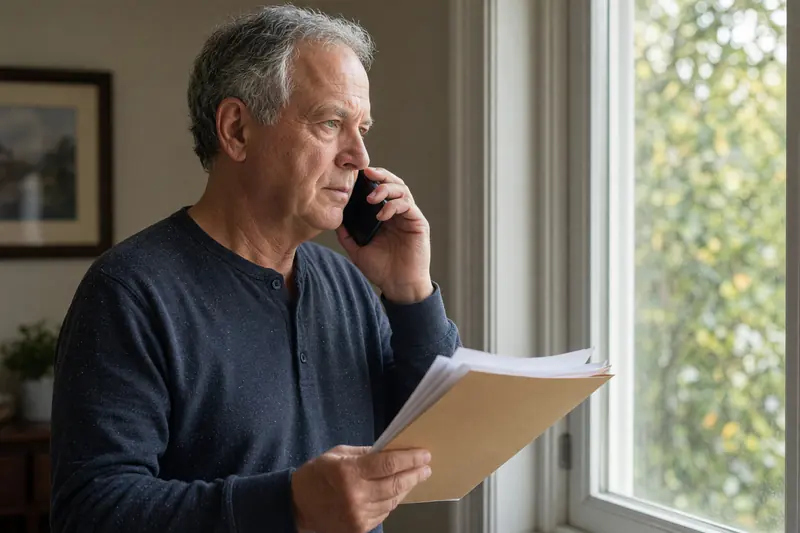 A homeowner on hold on the phone, holding a folder of paperwork.