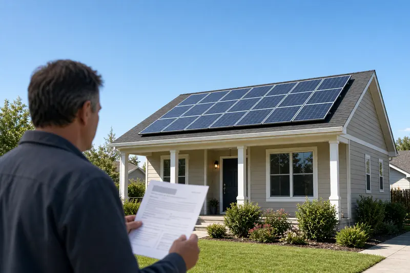 A house with rooftop solar panels, and a homeowner holding a utility bill.