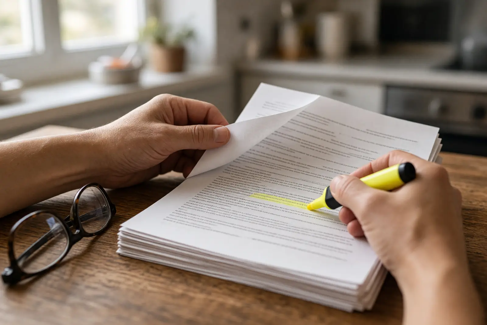 A homeowner turns the pages of a solar contract, with a highlighter marking a clause.