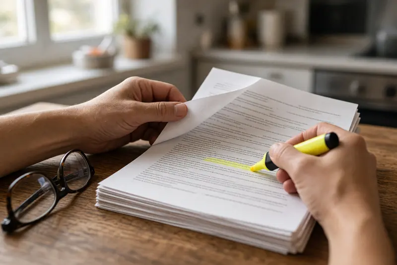 A homeowner turns the pages of a solar contract, with a highlighter marking a clause.