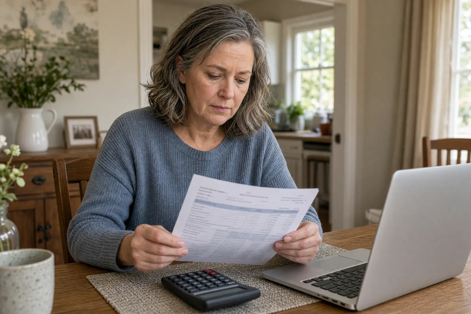 A homeowner reviews a loan statement with a calculator at her dining table.