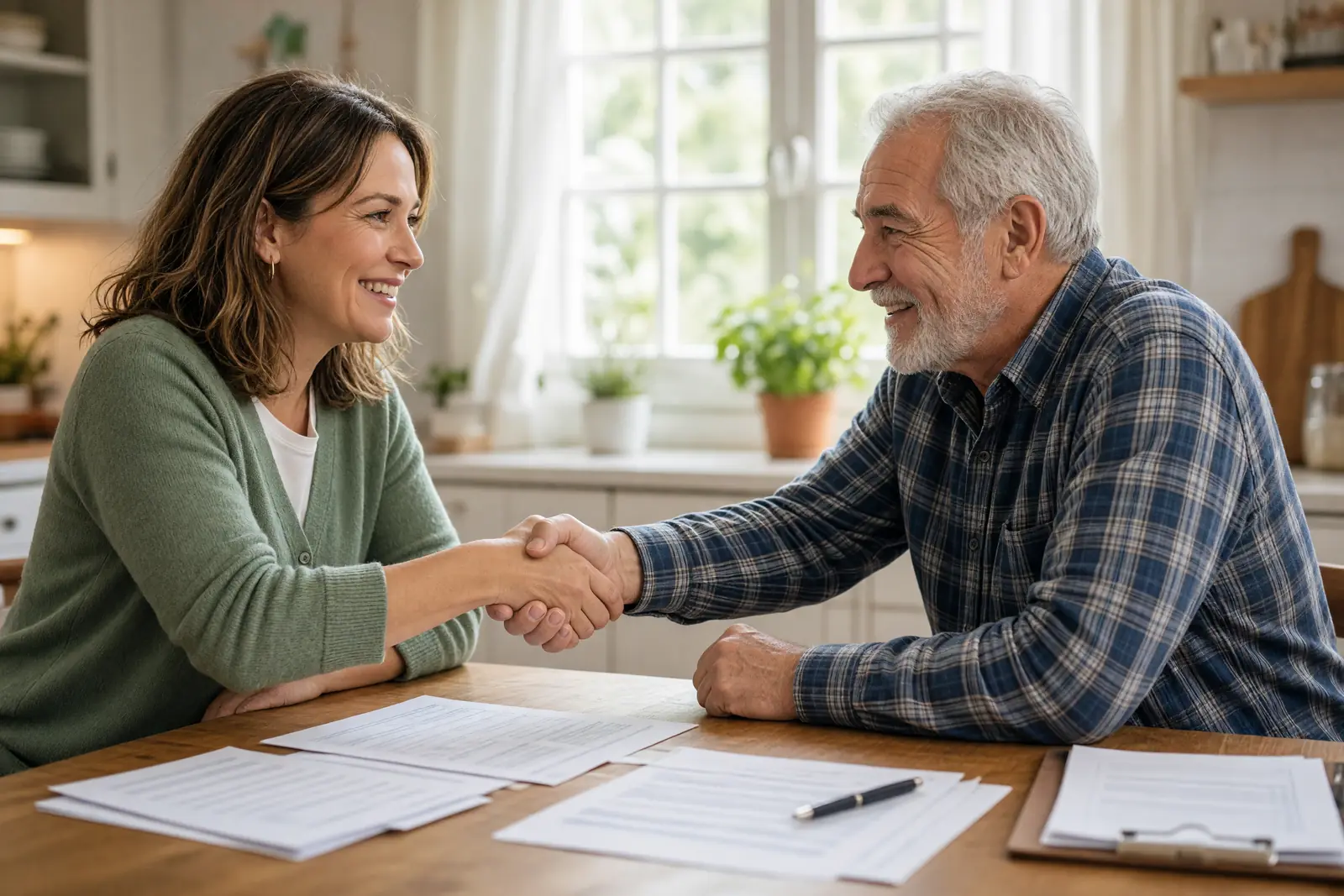A consumer advocate and a homeowner shake hands across a table of documents.