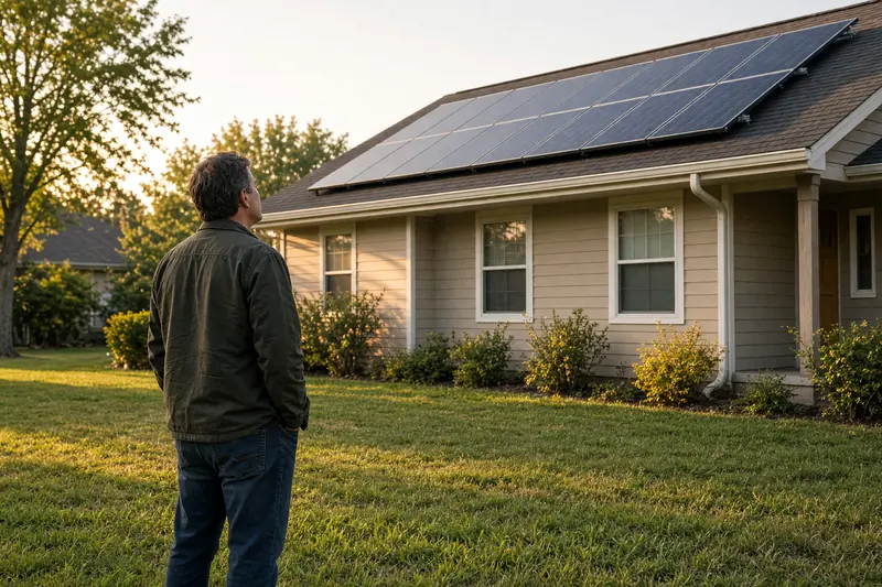 A homeowner stands on the lawn looking up at the solar panels on the roof.