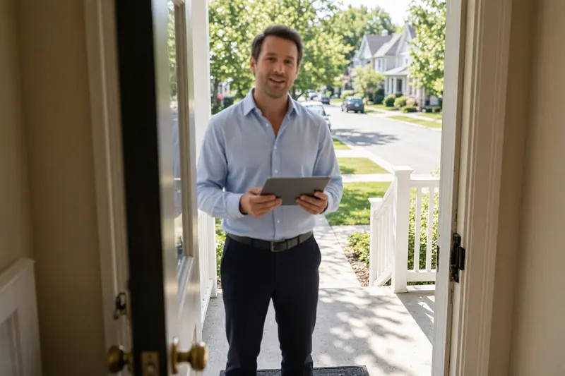 A door-to-door salesman with a tablet on a homeowner’s porch, seen from inside the house.