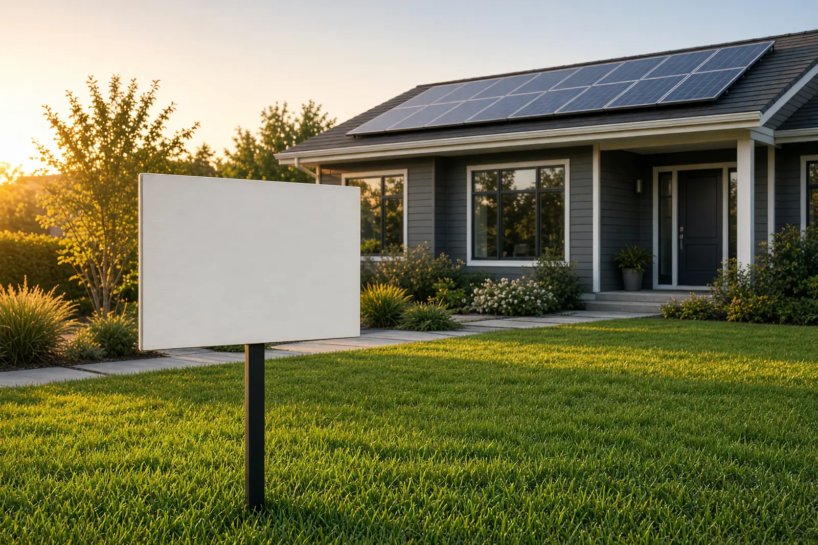 A yard sign in front of a suburban home with solar panels on the roof.