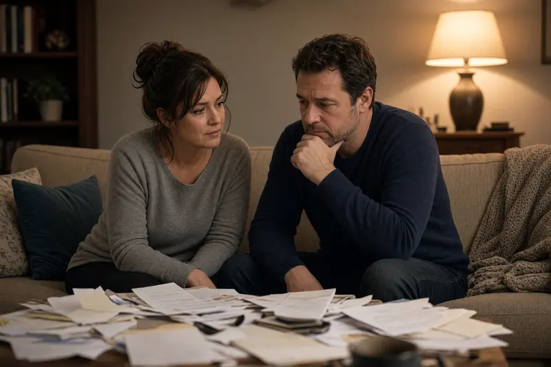 A couple talks through bills spread on their coffee table.