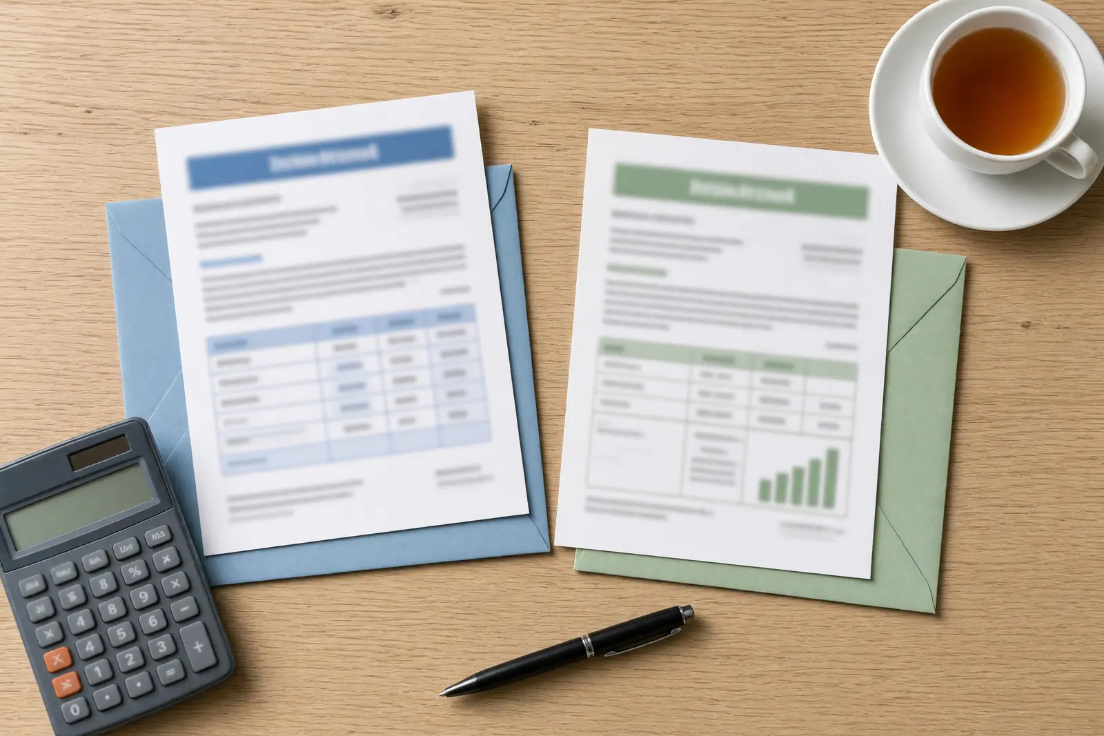 Two utility statements and their envelopes side by side on a table, with a calculator.