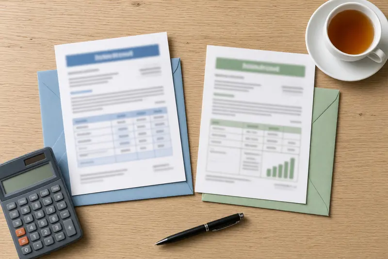 Two utility statements and their envelopes side by side on a table, with a calculator.