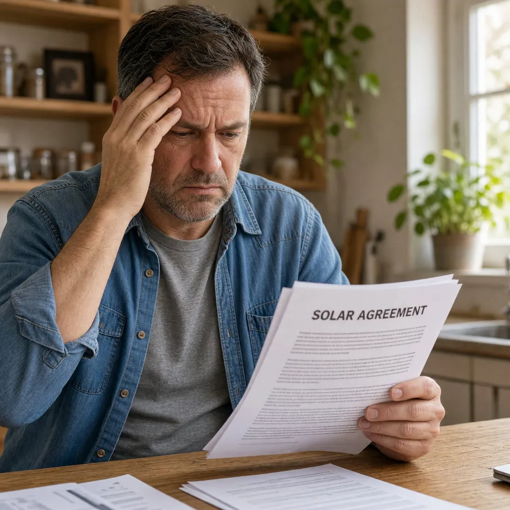 A worried homeowner reads through his solar agreement at the kitchen table.