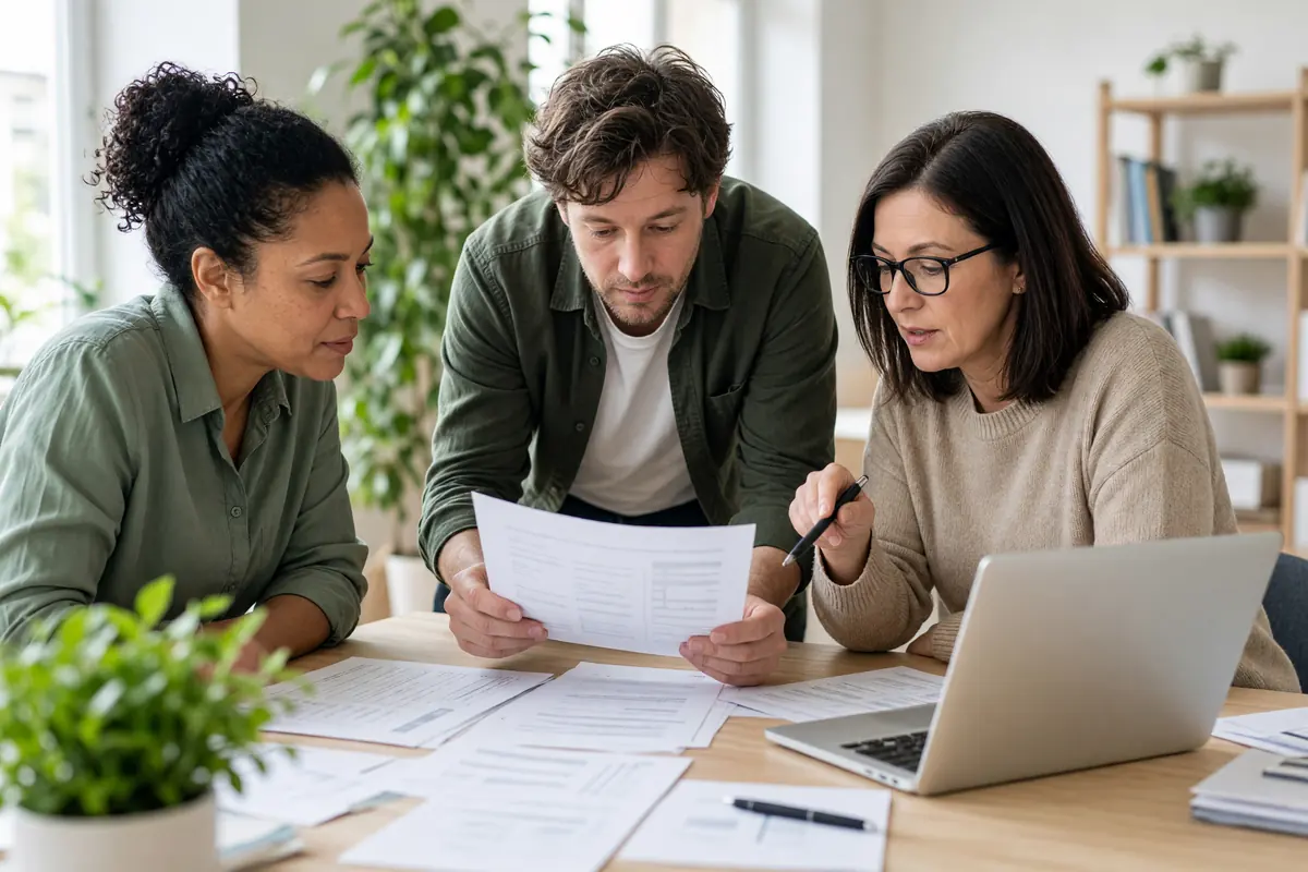 Three consumer advocates review documents together at a table.