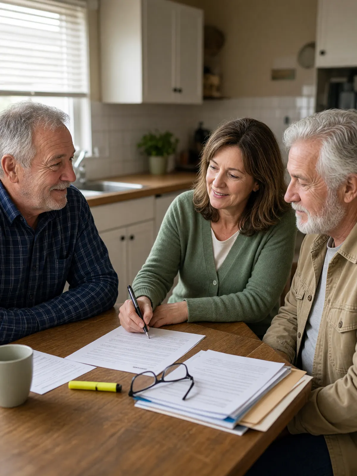 A consumer advocate goes over a solar contract with two homeowners at their kitchen table.
